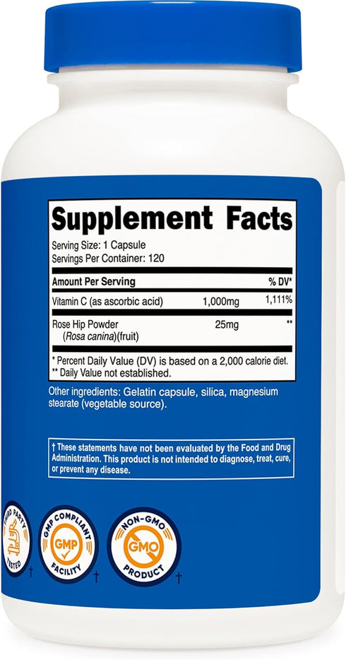 Nutricost Vitamin C with Rose Hips, 120 Capsules, 1000mg Vitamin C, 25mg Rose Hips, Premium, Non-GMO, Gluten Free