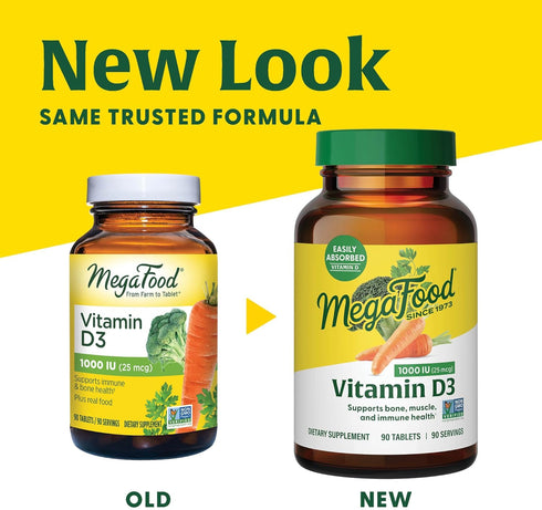 MegaFood Vitamin D3 1000 IU (25 mcg) - Immune Support Supplement - Bone Health - With easily-absorbed Vitamin D3 – Plus real food - Non-GMO, Vegetarian - Made Without 9 Food Allergens - 60 Tabs