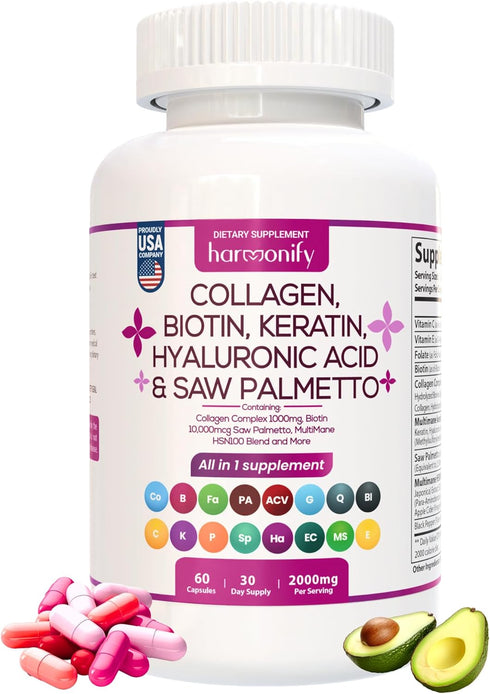 Collagen Biotin Keratin Saw Palmetto Hyaluronic Acid Complex Supplement with Vitamin E, Folic Acid, Pumpkin Seed, and