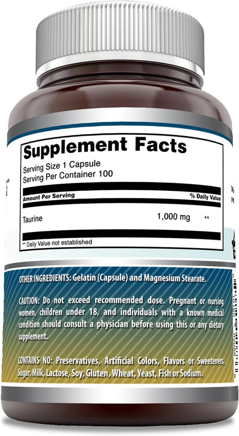 Amazing Formulas Taurine Supplement | 1000 Mg per Serving | 100 Capsules | Non-GMO | Gluten-Free | Made in USA