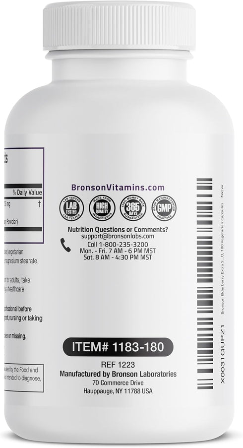 Bronson Elderberry Extra Strength, Supports Immune System & Antioxidant Protection, Non-GMO, 180 Vegetarian Capsules