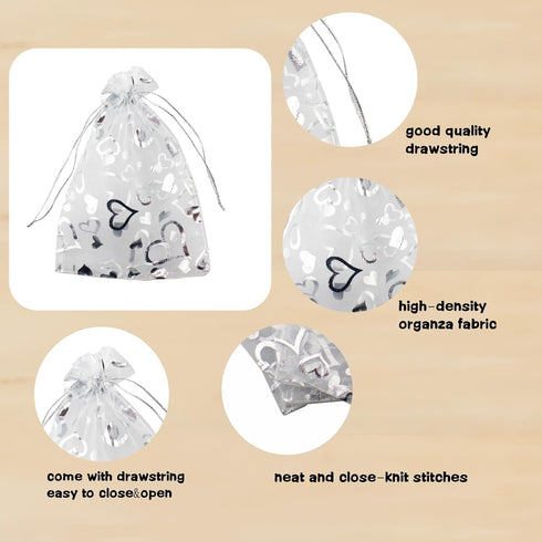 QIANHAILIZZ 5 x 7 Inch 100 pcs Heart Flower Organza Jewelry Gift Pouch, Candy Pouch Drawstring Wedding Favor Bags