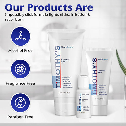 Timothy's Unscented Shave Cream 6 oz + 1 oz Travel Size - Alcohol Free, Paraben Free, Dermatology Approved