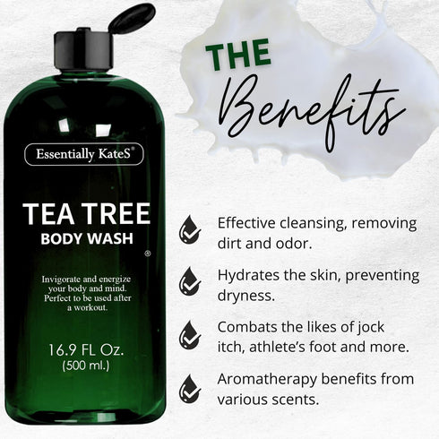 Tea Tree Body Wash 16.9 fl oz - 100% Natural - Fights Body Odor & Irritation - Helps Athletes Foot, Ringworms, Jock Itch, Acne, & Eczema