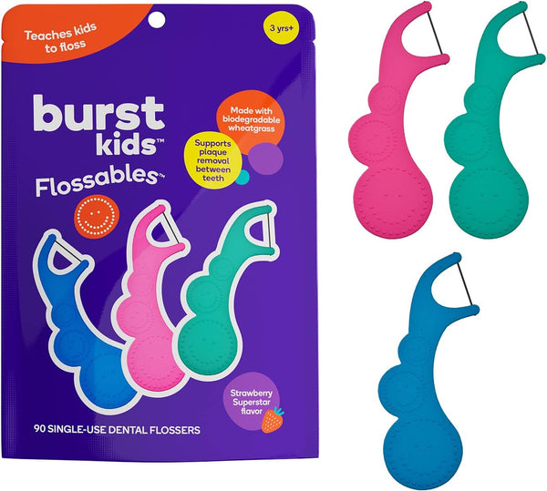 BURSTkids Flossables Kids Flossers, 90 Count, Ergonomic Design, Fun Colors, Strawberry Aroma, Ages 3+