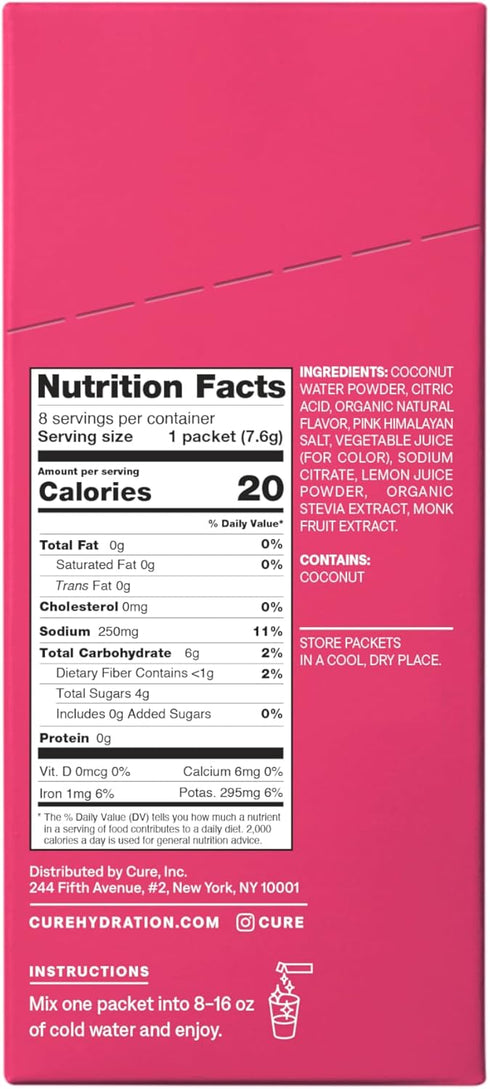 Cure Hydration | Plant-Based Electrolyte Drink Mix - No Added Sugar, Dehydration Relief Powder Made with Coconut Water