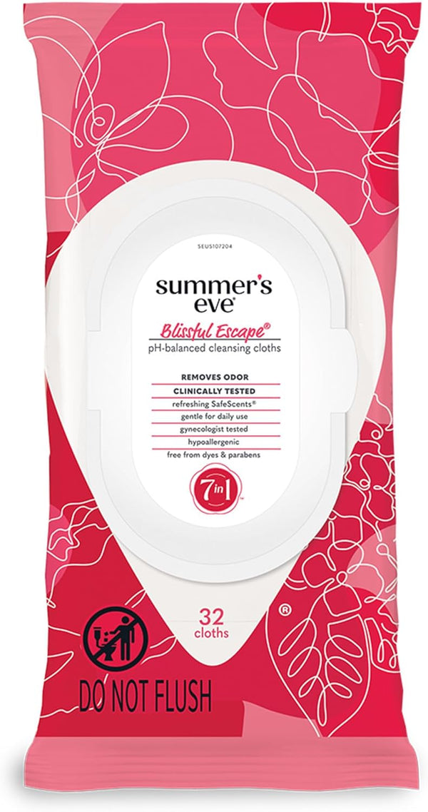 Summer's Eve Blissful Escape Daily Refreshing Feminine Wipes, 32 Count, pH Balanced, Removes Odor