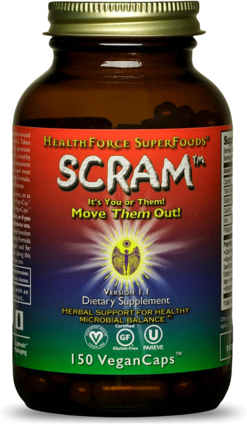 HealthForce SuperFoods Scram - Herbal Supplement with Milk Thistle, Wormwood & Black Walnut, 150 Vegan Capsules