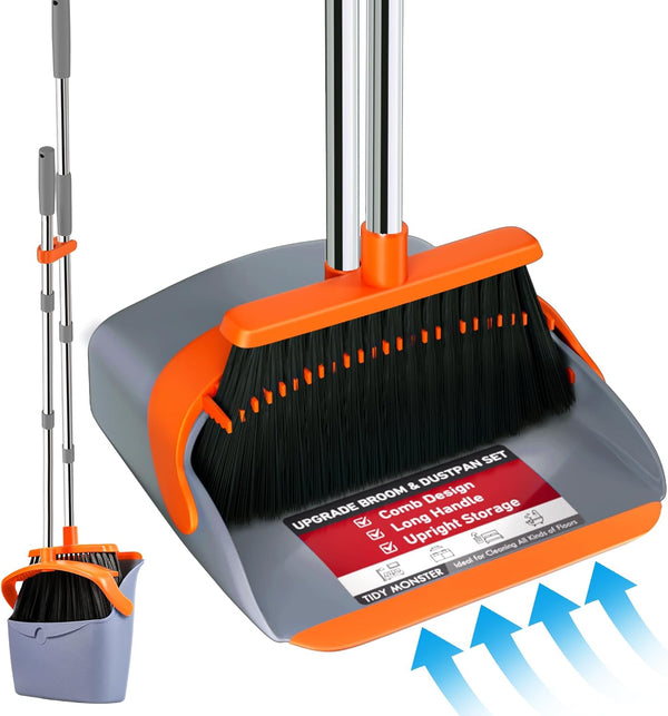 Upgraded Broom and Dustpan Set, 52" Long Handle Standing Combo with Self-Cleaning