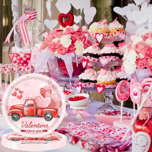 ZHUIGUANGZE 9 Inch (24 Valentine's Day Heart Disposable Paper Plates, Round Truck Love Print Pattern Dessert Plates
