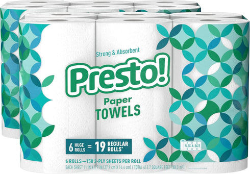 Amazon Brand - Presto! Flex-a-Size Paper Towels, 158 Sheet Huge Roll, 12 Rolls (2 Packs of 6), White