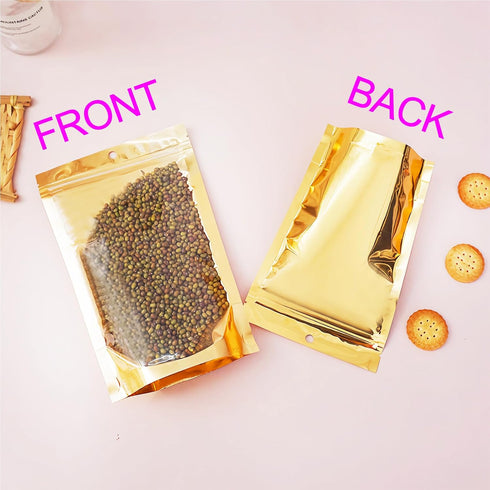 100 Pack Smell Proof Bags with Clear Front Window, Resealable Stand Up Food Storage Bags (Gold)