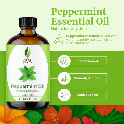 SVA Peppermint Essential Oil, 4 Fl Oz, 100% Natural for Diffuser, Hair Care, Skin Care, Aromatherapy, Soap and Candle