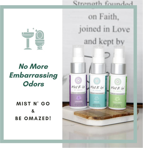 Mist N’ Go by Omaze Travel Bathroom Spray - Toilet Odor Eliminator, Air Freshener, Deodorizer - Travel Size (1oz x5)
