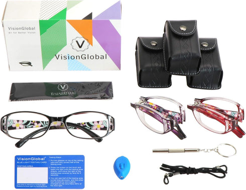 VisionGlobal 3 Pair Reading Glasses, Foldable Readers with Blue Light Blocking Lens, Compact Folding Glasses (3 Color,