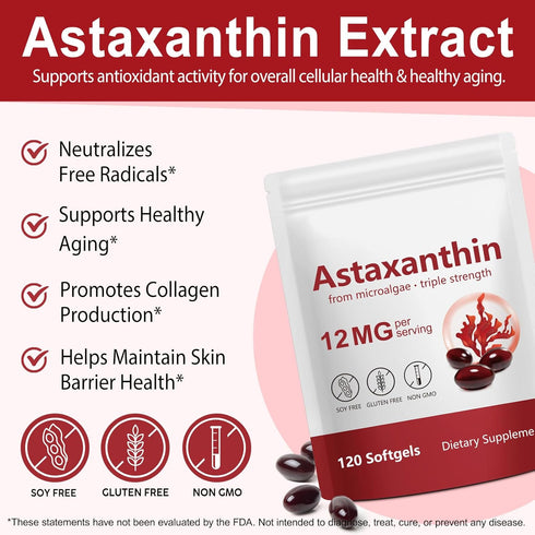 Xaarty 12mg, 4 120 Premium Astaxanthin Natural Antioxidant Supplement for Eye, Joint, Skin Health,Microalgae Source