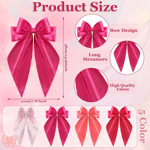 Large Pink Oversized Hair Bows, 4 Pack Satin Ribbons and Long Tail Barrettes for Women Girls