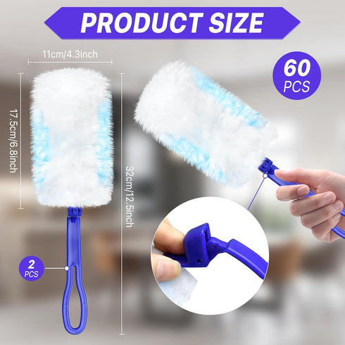60Pcs Duster Refills Electrostatic Fluffy for Cleaning, Duster Disposable Replacement Refills Bulk with 2 Handles for Home Office Blinds Ceiling Fans Furniture Multi-Surface Dusting, Blue by Milkary