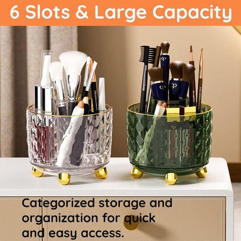 360 Rotating Makeup Brush Holder Organizer - Clear Desktop Bathroom Vanity Storage for Cosmetics, 6 Slot Cup