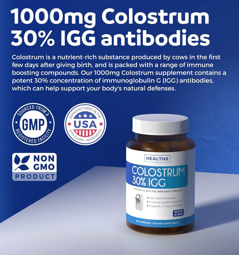 Colostrum 1,000mg (Non-GMO) - Immune System Support, Gut Health & Respiratory Health Supplement - 60 Capsules