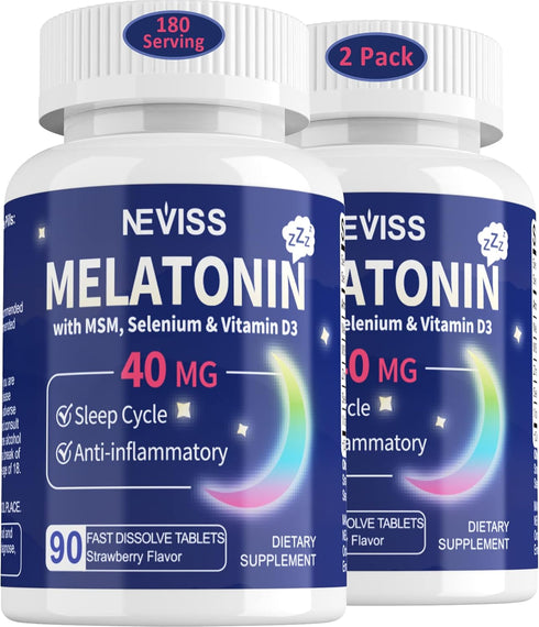 Melatonin 40 mg for Adults - Fast Dissolve & Chewable Sublingual Sleep Supplement with Vitamin D3 & MSM, 180 Servings