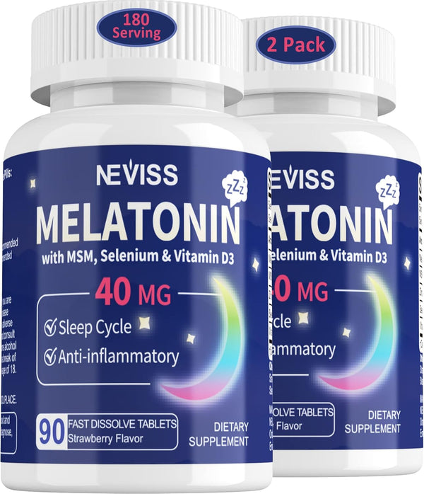 Melatonin 40 mg for Adults - Fast Dissolve & Chewable Sublingual Sleep Supplement with Vitamin D3 & MSM, 180 Servings