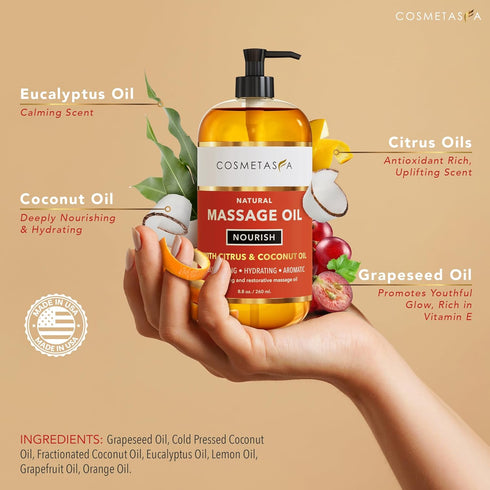 Natural Nourishing Massage Oil with Massage Roller Ball - Therapeutic Citrus & Coconut Massage Oils with Rejuvenating, Hydrating & Aromatic Essential Oils for Dry Skin, Soothes Muscle & Joints 8.8 oz