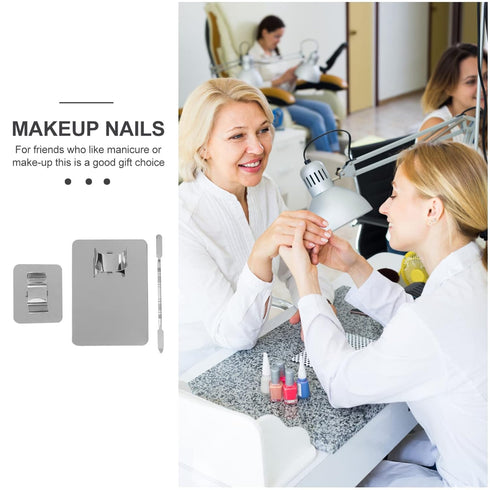 Stainless Steel Cosmetic Mixing Makeup Palette with Spatula, Rings Holder, 3pcs Set for Makeup Art Tool