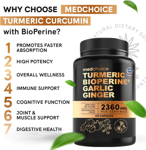 4-in-1 Turmeric and Garlic Supplements with Bioperine 2360 mg (240 ct) - Turmeric Curcumin with Black Pepper for Joint,