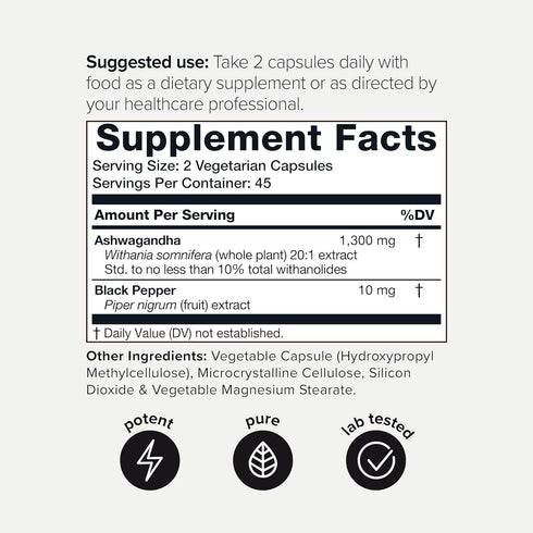 Ashwagandha - Ultra High Potency 20:1 Extract with 10% Withanolides - Highly Concentrated - 90 Capsules
