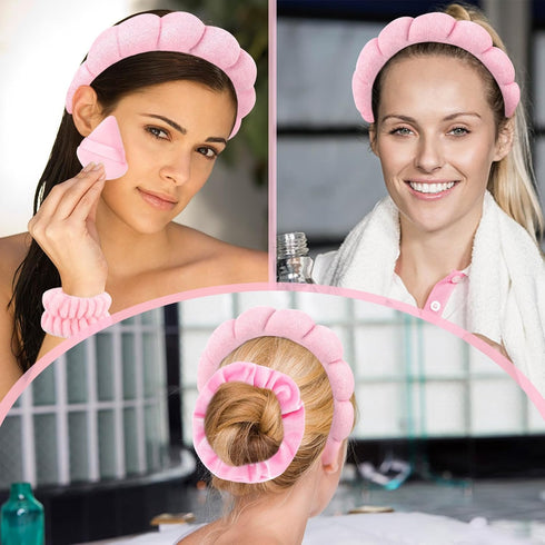 7Pcs Puffy Spa Headband and Wristband Set, Skincare Headband for Washing Face, Makeup Removal Accessories (Pink)