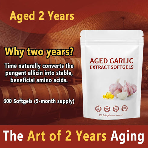 OOMMGGOO 300 Count Immune 2-Year Odorless Aged Garlic Extract Softgel Organic Garlic Supplement,Support Support