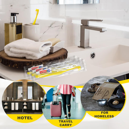30pcs Disposable Toothbrushes with Toothpaste and Floss, Yellow Bulk Kit for Homeless, Airbnb, Hotel, and Guest Use