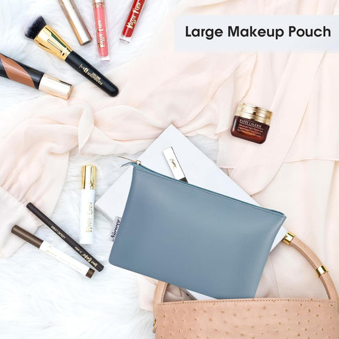 Narwey Small Makeup Bag for Purse, Vegan Leather Travel Cosmetic Pouch, Zipper Pouch for Women (Greyish Blue)