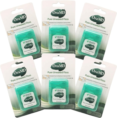 OraMD Pure Unwaxed Dental Floss, 54.6 Yards, Chemical Free, Shred Resistant, Pack of 6