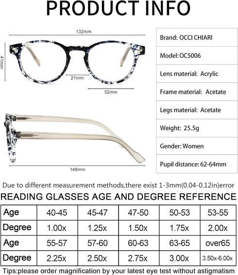 OCCI CHIARI 1.75 Reading Glasses for Women, Magnification Readers (1.0 to 6.0)