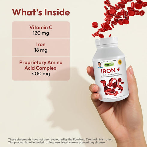 ANDREW LESSMAN Iron Plus 90 Capsules - 18mg Iron, Pure Amino Acid Chelated Iron, Plus Vitamin C