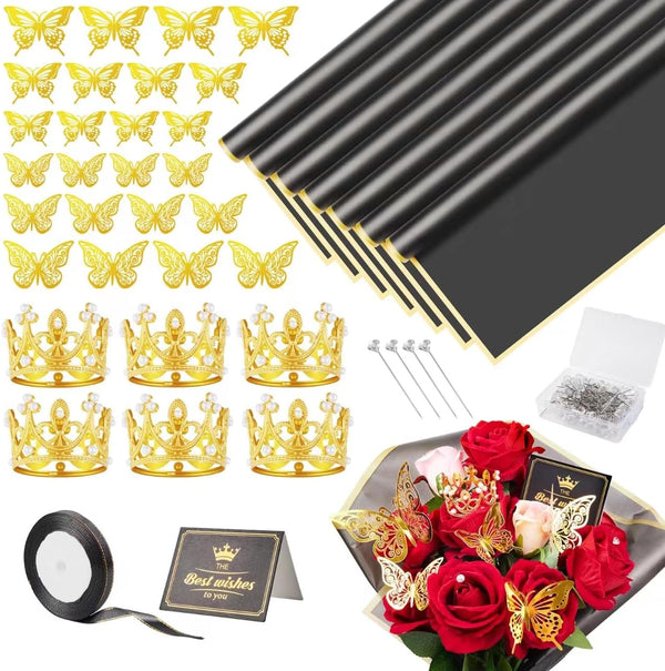 MAGIDOVE 20 Sheets Flower Bouquet Wrapping Paper Set - Waterproof with Flower Pins, Ribbons, 3D Butterflies, Cards