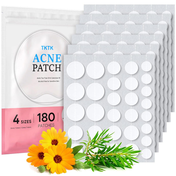 TKTK Hydrocolloid Acne Patches, Pimple Patches with Tea Tree & Calendula Oil - 4 Sizes Clear Stickers, Invisible for