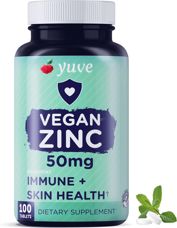 Yuve Natural Vegan Zinc Supplements 50mg 100 Vegetarian Tablets for Immune Support, Fast Relief from Colds and Flu