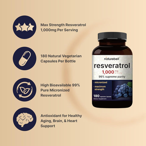 NatureBell Resveratrol Supplement 1000mg, 180 Veggie Capsules, 99% Pure Trans-Resveratrol for Healthy Aging Support