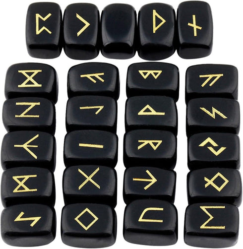 mookaitedecor Rune Stones Set - Engraved Elder Futhark Alphabet Crystal Meditation Divination, Black Obsidian