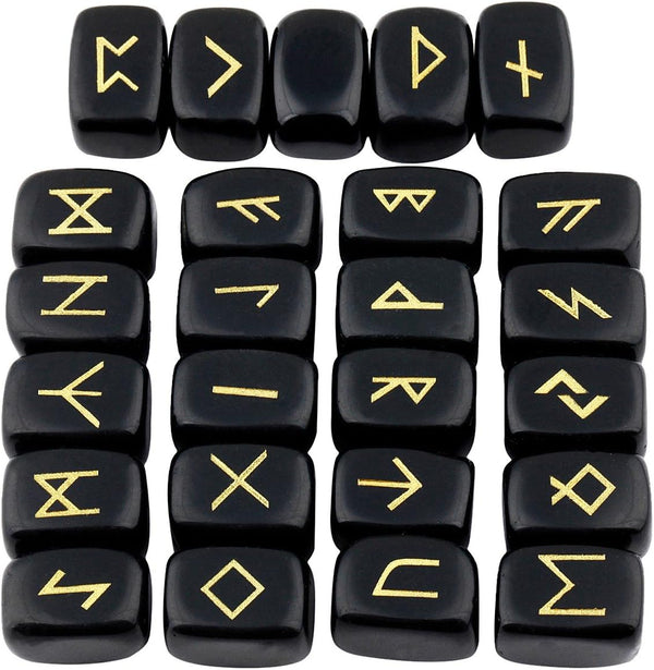 mookaitedecor Rune Stones Set - Engraved Elder Futhark Alphabet Crystal Meditation Divination, Black Obsidian