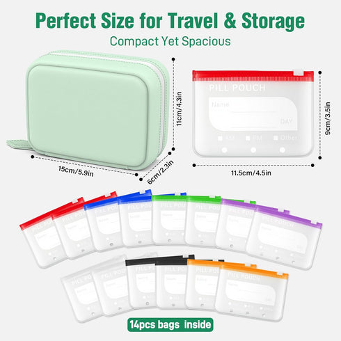 Toollygozz A8 Set, 14 Waterproof Pill Pouch Large Weekly Pill Organizer with Color-Coded Medicine Pouches, Reusable