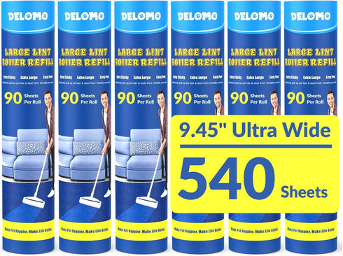 Lint Roller Refills - DELOMO Large 6 Packs (540 Sheets) for Lint Remover, Mega Extreme Stick Refill