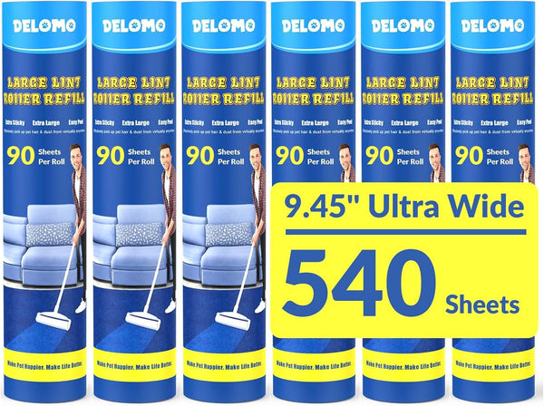 Lint Roller Refills - DELOMO Large 6 Packs (540 Sheets) for Lint Remover, Mega Extreme Stick Refill