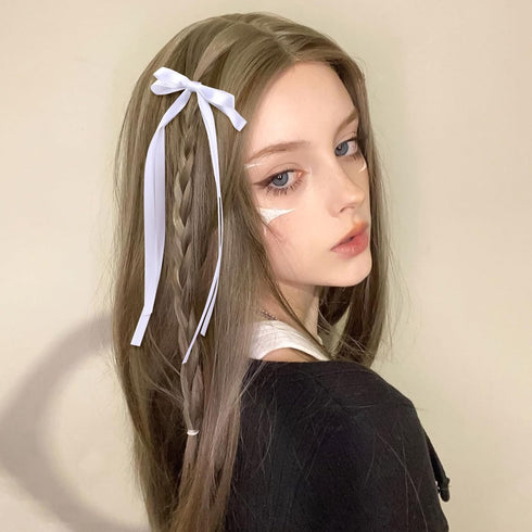 VOBOBE 4PCS Hair Bows for Girls Women, Solid Satin Tassel Bowknot Hair Clips with Long Tail (Pink+White)