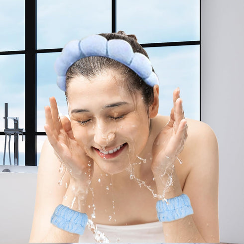 Blue Spa Headband for Washing Face, Soft Puffy Makeup Skincare Headband & Wristband Set for Women Girls