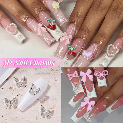 Variety 3D Nail Charms: Rhinestones, Butterfly, Star, Bowknot, Tiny Flower, Heart, Cherry for Manicure DIY Accessories