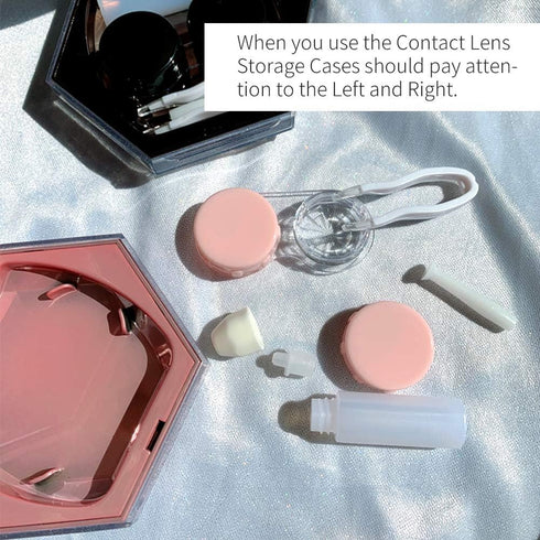 Contact Lens Case with Mirror - Hexagon Sparkles Portable Storage Container for Women (Pink)